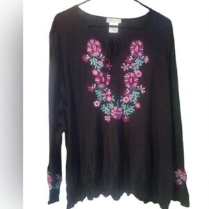 Ulla Popken Black Tunic with Pink & Green Floral Embroidery